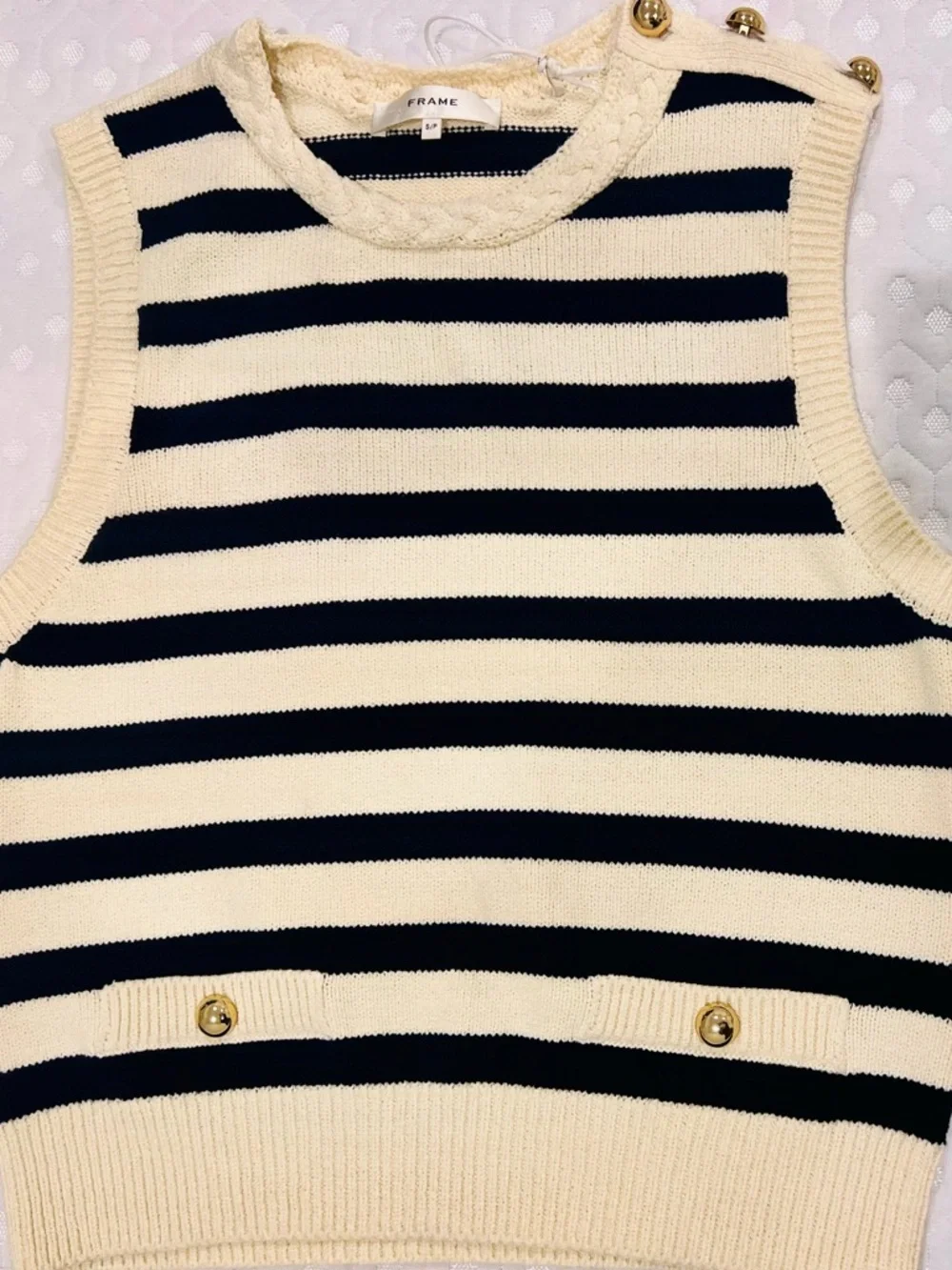 FRAME Harbor Striped Knit Vest Cream Navy Gold Button Nautical Coastal Chic S - Picture 10 of 10